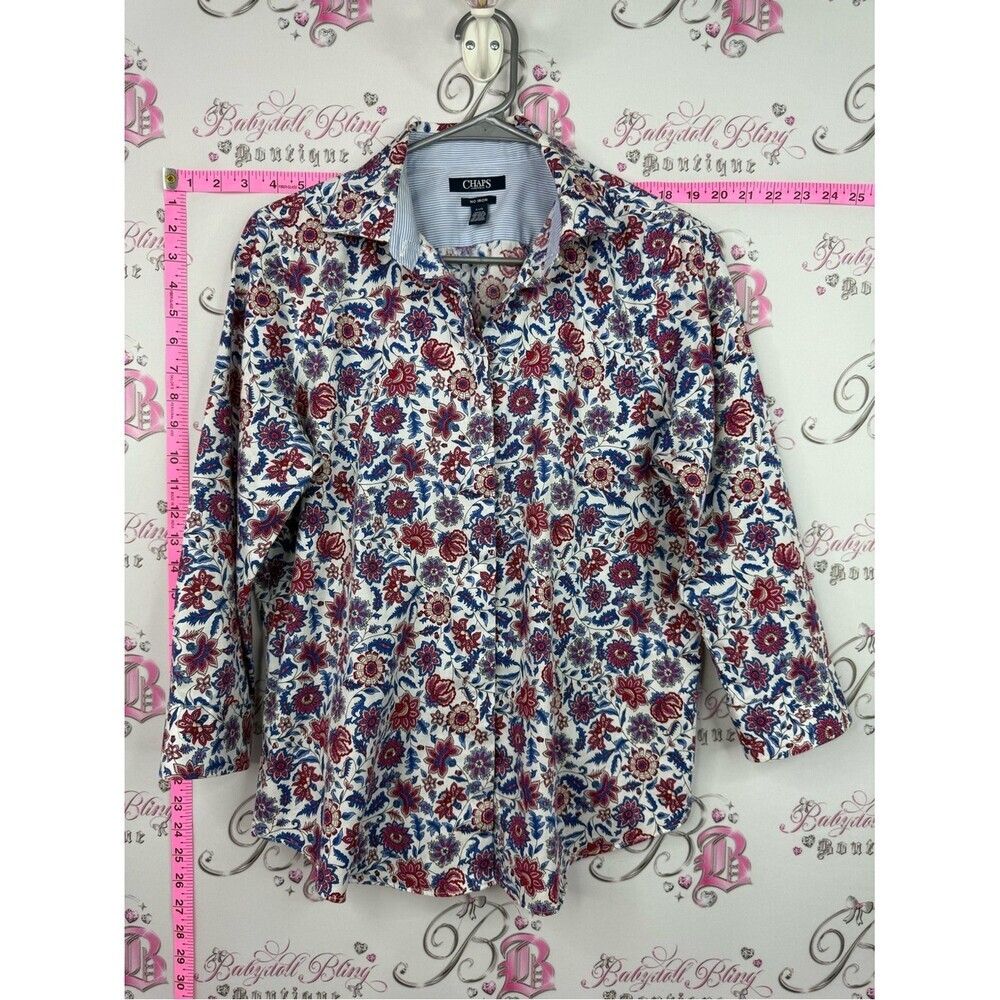 Chaps White Floral Button-Up Shirt with Red & Blue Flowers
